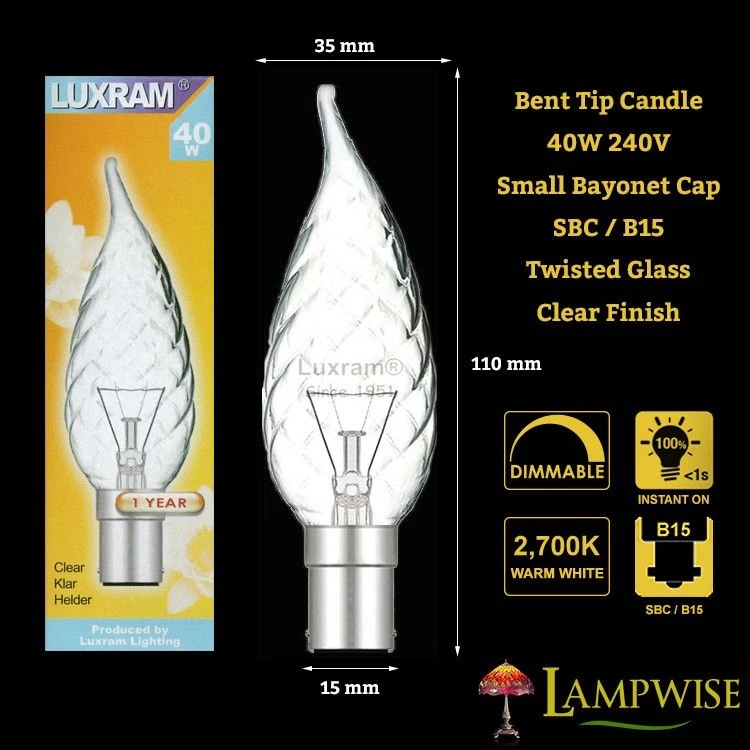 Luxram 40w 240v SBC B15 Clear Candelux Flame Bent Tip Twisted Candle Light Bulb 4 Luxram 40w 240v SBC B15 Clear Candelux Flame Bent Tip Twisted Candle Light Bulb - Image 2