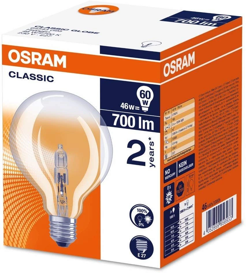 Osram 95mm Clear Globe Halogen Energy Saver 46W=60W ES E27 Dimmable 5 Osram 95mm Clear Globe Halogen Energy Saver 46W=60W ES E27 Dimmable - Image 3