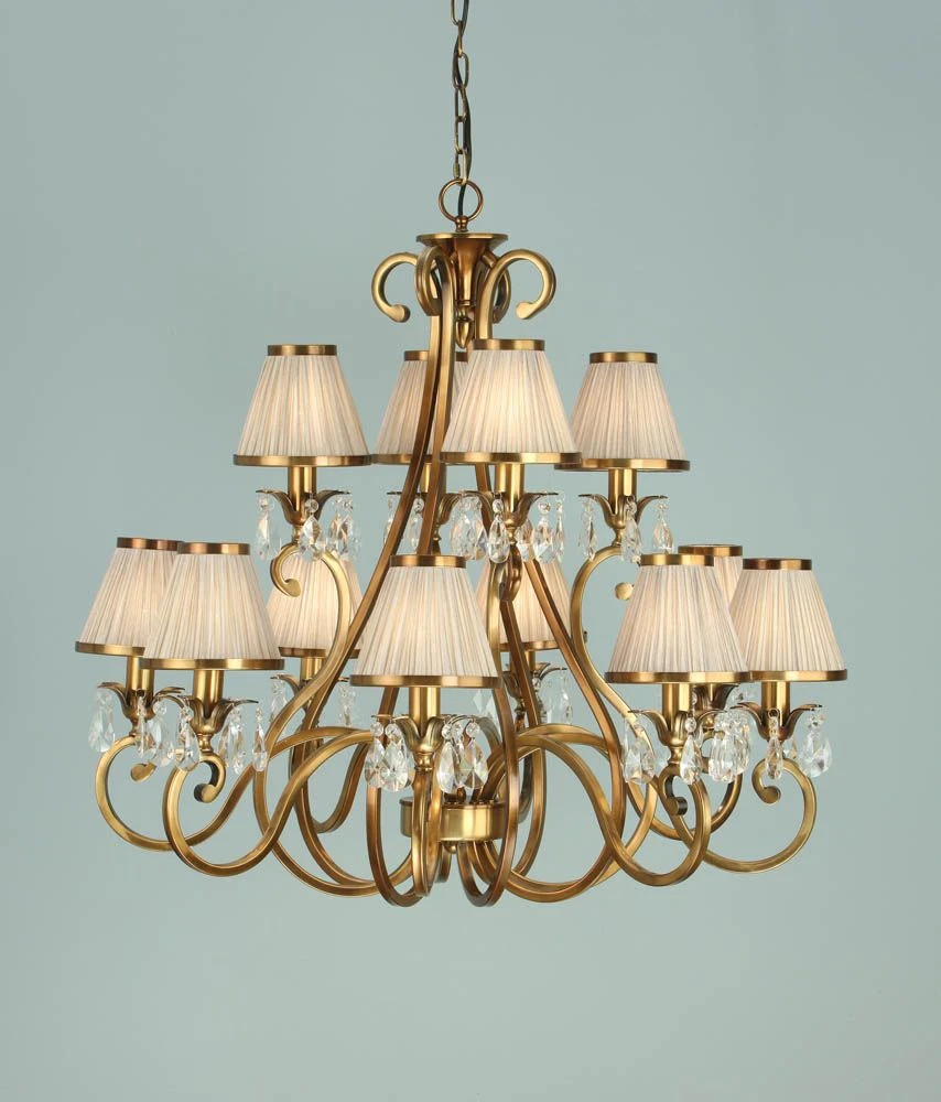 Interiors 1900 UL1PBSH-UL1P12B New Classics Oksana Antique Brass 12Lt Pendant & Beige Shades 3 Interiors 1900 UL1PBSH-UL1P12B New Classics Oksana Antique Brass 12Lt Pendant & Beige Shades