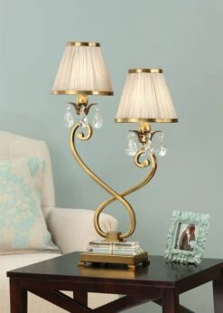 Interiors 1900 UL1TBSH-UL1T2B New Classics Oksana Antique Brass Twin Table Lamp & Beige Shades