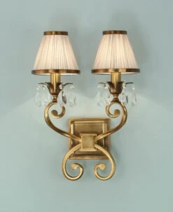 Interiors 1900 UL1PBSH-UL1W2B New Classics Oksana Antique Brass Twin Wall Light & Beige Shades