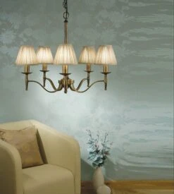 Interiors 1900 CA1SHB-CA1P5B New Classics Stanford Antique Brass 5Lt Pendant & Beige Shades