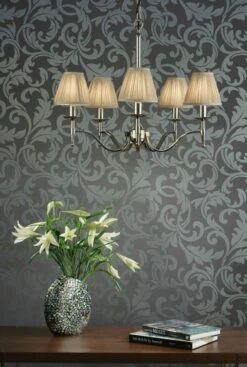 Interiors 1900 CA1SHN-CA1P5N New Classics Stanford Nickel 5Lt Pendant & Beige Shades
