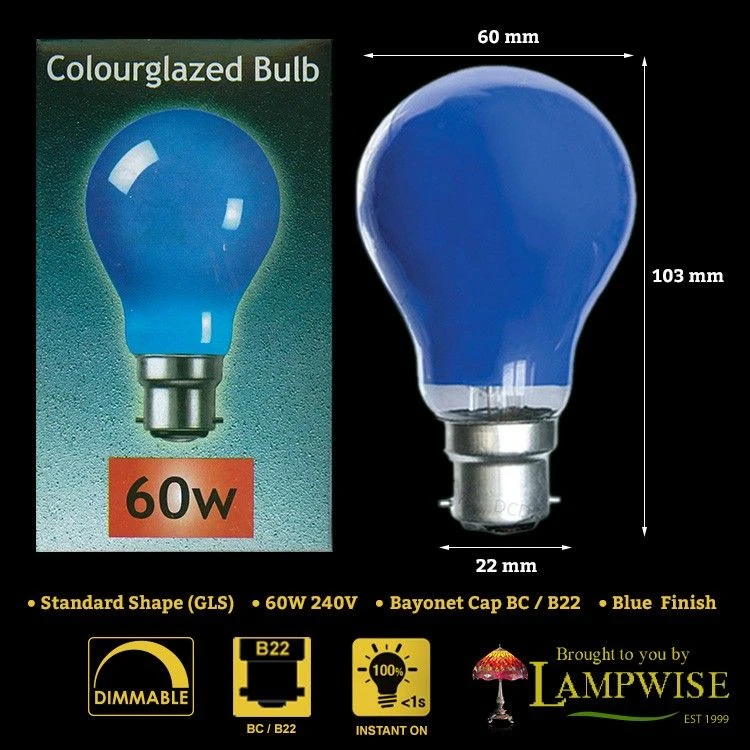 Crompton 60W 240VBC B22d Blue Coloured GLS Light Bulb 4 Crompton 60W 240VBC B22d Blue Coloured GLS Light Bulb - Image 2
