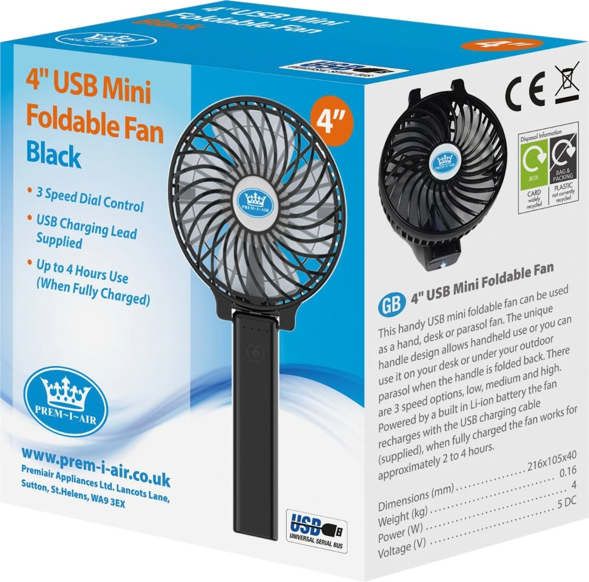 Prem-I-Air 4" USB Mini Foldable Fan - Black With Handy Torch 7 Prem-I-Air 4" USB Mini Foldable Fan - Black With Handy Torch - Image 5