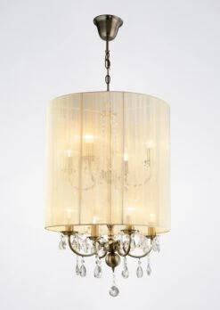 Diyas IL30069 Ella Antique Brass/Crystal 8 Light Pendant Light With Ivory Cream Shade