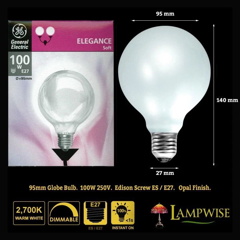 GE 100W 240V E27 Opal Decor 95mm Globe Light Bulb, Dimmable 2700K 4 GE 100W 240V E27 Opal Decor 95mm Globe Light Bulb, Dimmable 2700K - Image 2