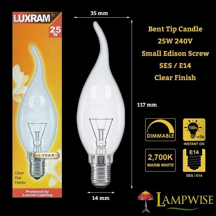 Luxram 25W 240V SES E14 Clear Flame Bent Tip Candelux 4 Luxram 25W 240V SES E14 Clear Flame Bent Tip Candelux - Image 2