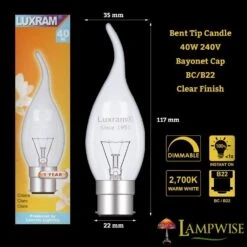 Luxram 40W 240V BC B22 Bent Tip Candle Flared Candelux Clear Light Bulb -Philips Shop i i m image 40w bc clear bent tip