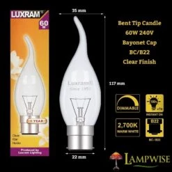 Luxram 60W 240V BC B22 Flared Flame Bent Tip Candelux Candle Clear Light Bulb -Philips Shop i i m image 60w bc clear bent tip
