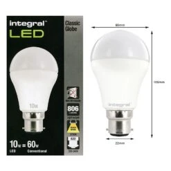 Integral LED 10W = 60W Classic Globe (GLS) BC/B22 240v 2,700k Warm White