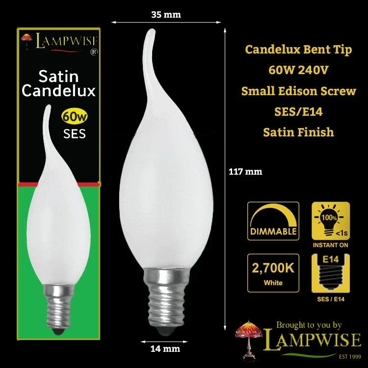60W 240V SES E14 Satin Frosted Candelux Bent Tip Candle Light Bulb 4 60W 240V SES E14 Satin Frosted Candelux Bent Tip Candle Light Bulb - Image 2