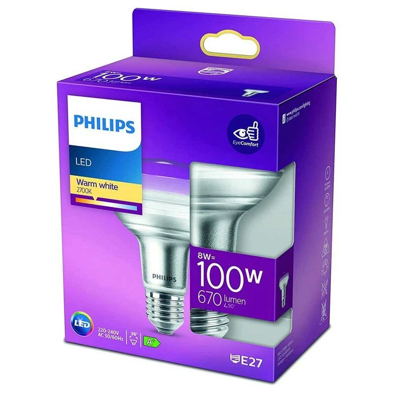 Philips LED 8W = 100W ES/E27 R80 Glass Reflector Spot Lamp, Warm White (non-dimmable) 5 Philips LED 8W = 100W ES/E27 R80 Glass Reflector Spot Lamp, Warm White (non-dimmable) - Image 3