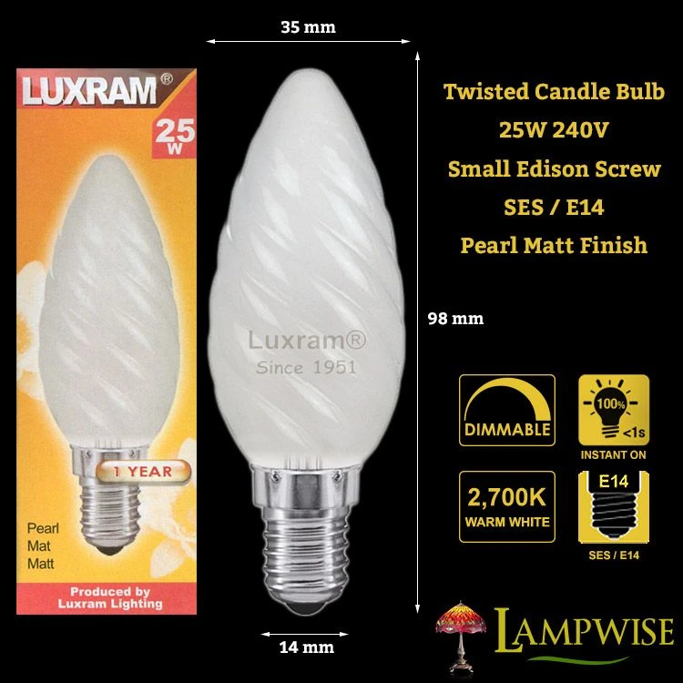 Luxram 25W 240V SES E14 Twisted Pearl Matt Candle Light Bulb 4 Luxram 25W 240V SES E14 Twisted Pearl Matt Candle Light Bulb - Image 2