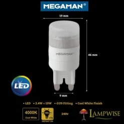 Megaman LED G9 2.4W = 19W Cool White 4000K 190 Lumen 15,000 Hours