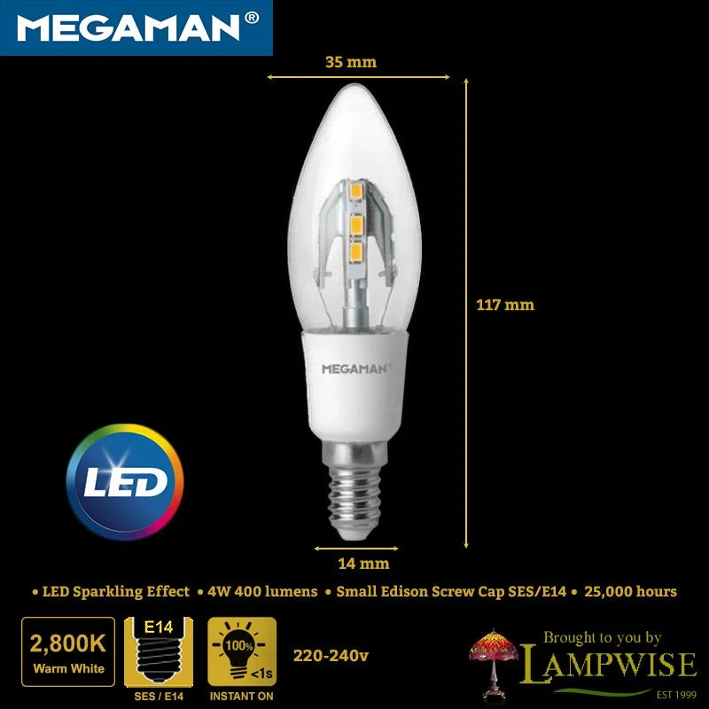 Megaman 143684 Incanda-LED 4W 240V SES/E14 Clear Candle, Warm White 2800K 4 Megaman 143684 Incanda-LED 4W 240V SES/E14 Clear Candle, Warm White 2800K - Image 2