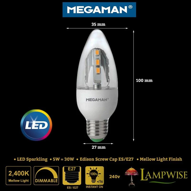 Megaman 5W LED ES E27 Dimmable Sparkling Light Effect Candle Bulb Replaces 30W 4 Megaman 5W LED ES E27 Dimmable Sparkling Light Effect Candle Bulb Replaces 30W - Image 2