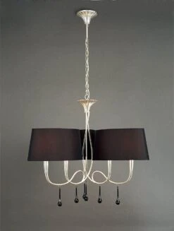 Mantra M0530 Paola Pendant 3 Arm 6 Light E14, Silver Painted With Black Shades & Black Glass Droplets