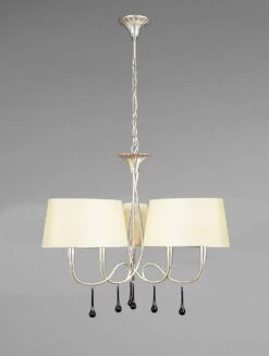 Mantra M0530/CS Paola Pendant 3 Arm 6 Light E14, Silver Painted With Cream Shades & Black Glass Droplets