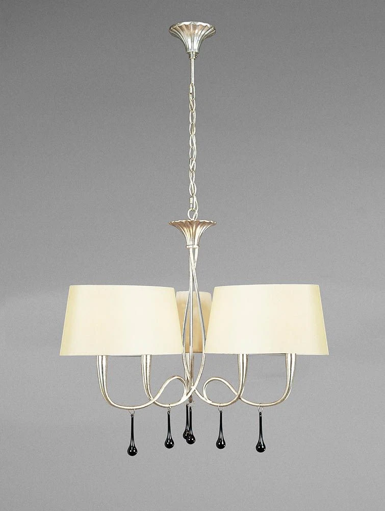 Mantra M0530/CS Paola Pendant 3 Arm 6 Light E14, Silver Painted With Cream Shades & Black Glass Droplets 3 Mantra M0530/CS Paola Pendant 3 Arm 6 Light E14, Silver Painted With Cream Shades & Black Glass Droplets