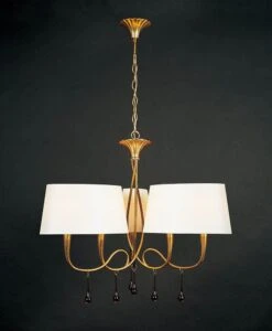 Mantra M0540 Paola Pendant 3 Arm 6 Light E14, Gold Painted With Cream Shades & Black Glass Droplets
