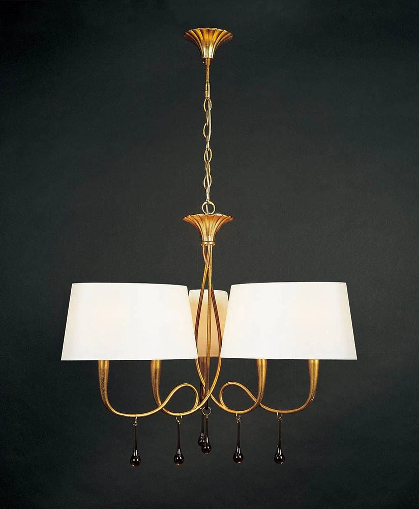 Mantra M0540 Paola Pendant 3 Arm 6 Light E14, Gold Painted With Cream Shades & Black Glass Droplets 3 Mantra M0540 Paola Pendant 3 Arm 6 Light E14, Gold Painted With Cream Shades & Black Glass Droplets