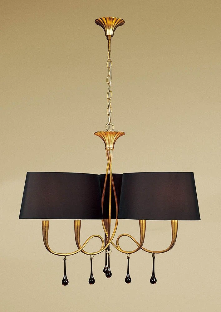 Mantra M0540/BS Paola Pendant 3 Arm 6 Light E14, Gold Painted With Black Shades & Black Glass Droplets 3 Mantra M0540/BS Paola Pendant 3 Arm 6 Light E14, Gold Painted With Black Shades & Black Glass Droplets