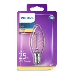 Philips LED Filament Candle Bulb Twisted Clear 2W=25W SES/E14, Warm White 2700K (non-dimmable) -Philips Shop p p h philips led filament leuchtmittel kerze 2w 25w e14 klar 1