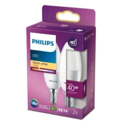 2x Philips 5.5W = 40W SES/E14 LED Candle Lamps EyeComfort Warm White 2700K (non-dim) -Philips Shop p p h philips by signify 8718699773113 int 2
