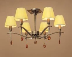 Mantra M0344AB Siena Semi Ceiling Round 6 Light E14, Antique Brass With Amber Cream Shades And Amber Crystal