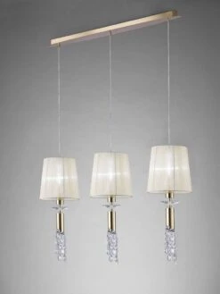 Mantra M3855FG Tiffany Pendant 3+3 Light E27 Line, French Gold With Cream Shades & Clear Crystal