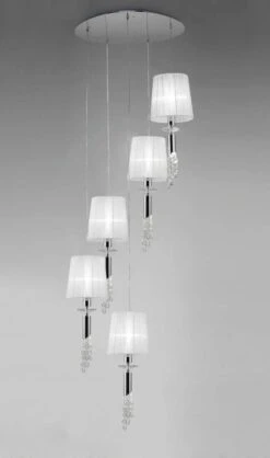Mantra M3857 Tiffany Pendant 5+5 Light E27 Spiral, Polished Chrome With White Shades & Clear Crystal
