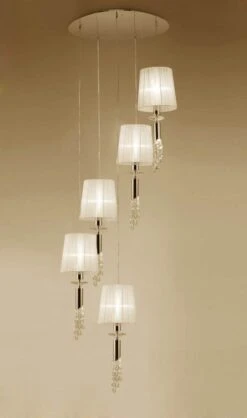 Mantra M3857FG Tiffany Pendant 5+5 Light E27 Spiral, French Gold With Cream Shades & Clear Crystal