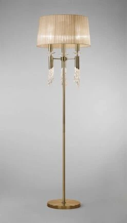 Mantra M3889 Tiffany Floor Lamp 3+3 Light E27, Antique Brass With Soft Bronze Shade & Clear Crystal